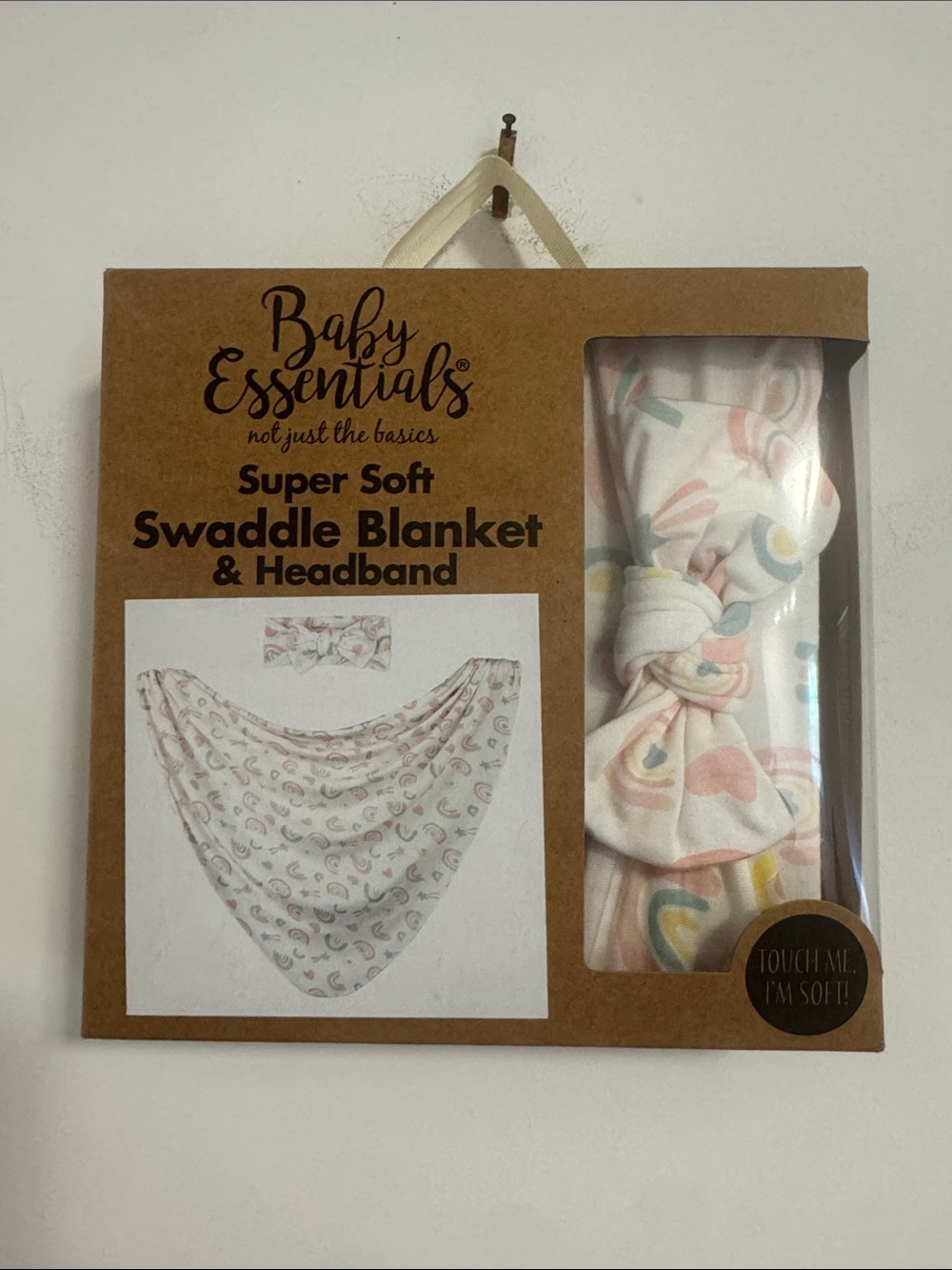 Baby Essentials Swaddle Blanket & Headband - White with Pastel Rainbow